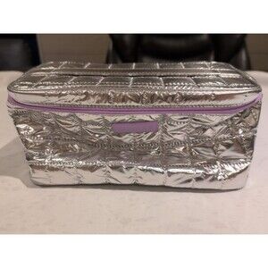 Clinique Makeup Large Beauty Train Case Travel Quilted Silver Purple Bag
